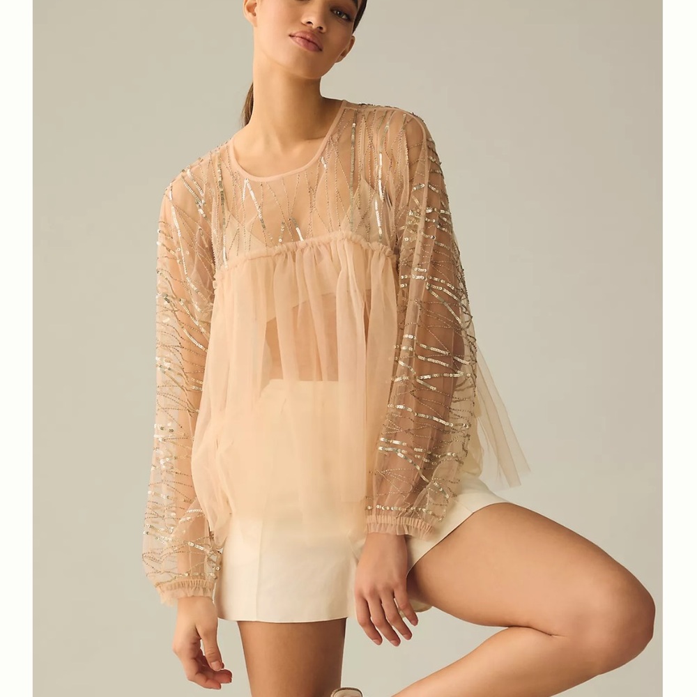 NWT Anthropologie’s Forever That Girl Embellished Sheer Top $128